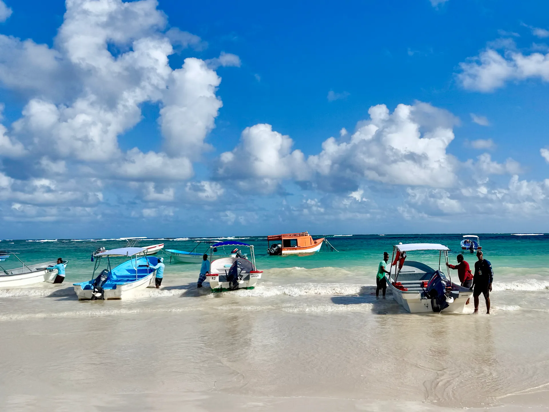Las Galeras, Dominican Republic Boats lining up on the beach of Las Galeras. Our's is on the right, with Francois.