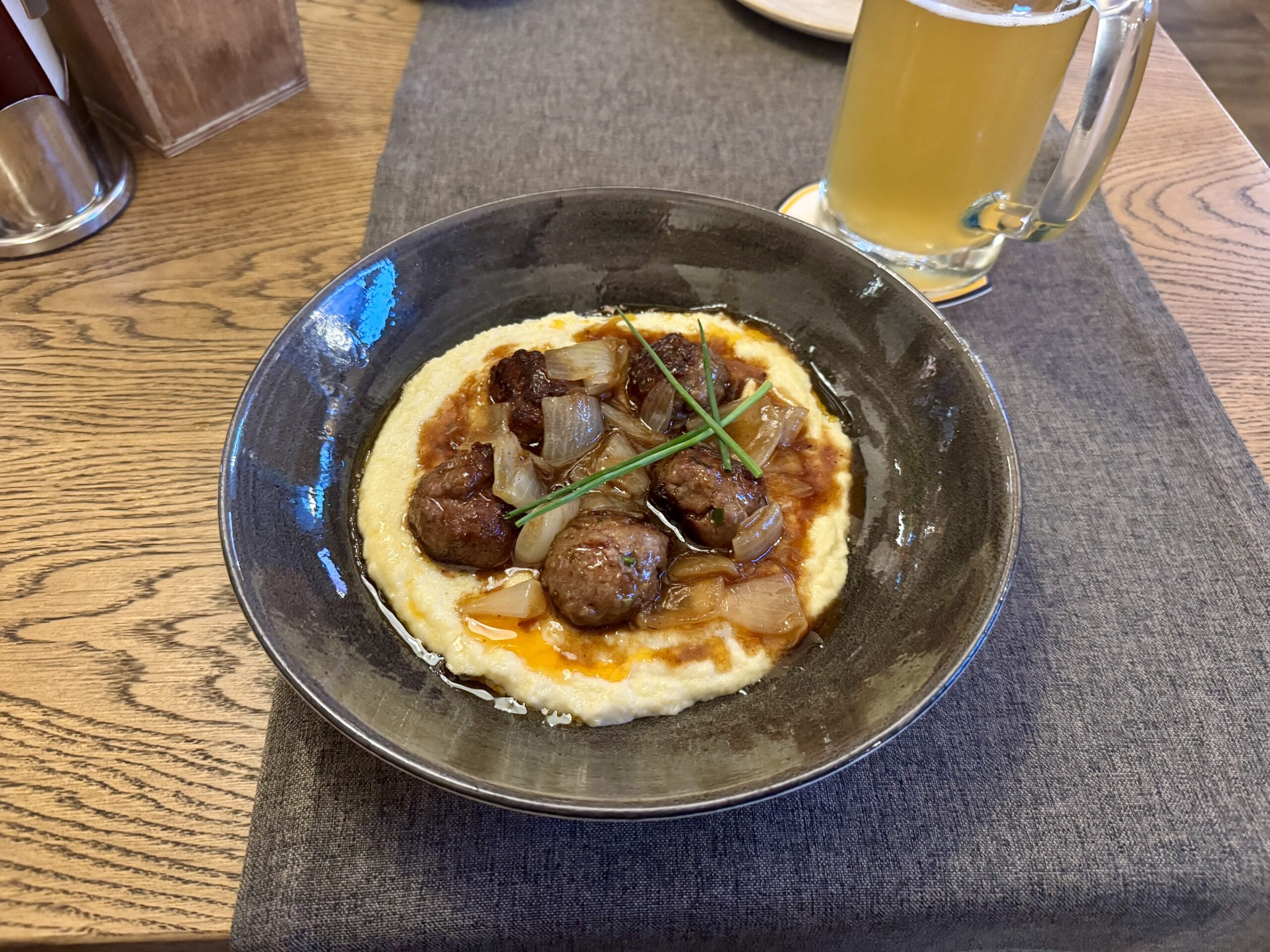 Delicious Bavarian meatballs and a local beer in the Jägerhof restaurant and beer garden belonging to our hotel.