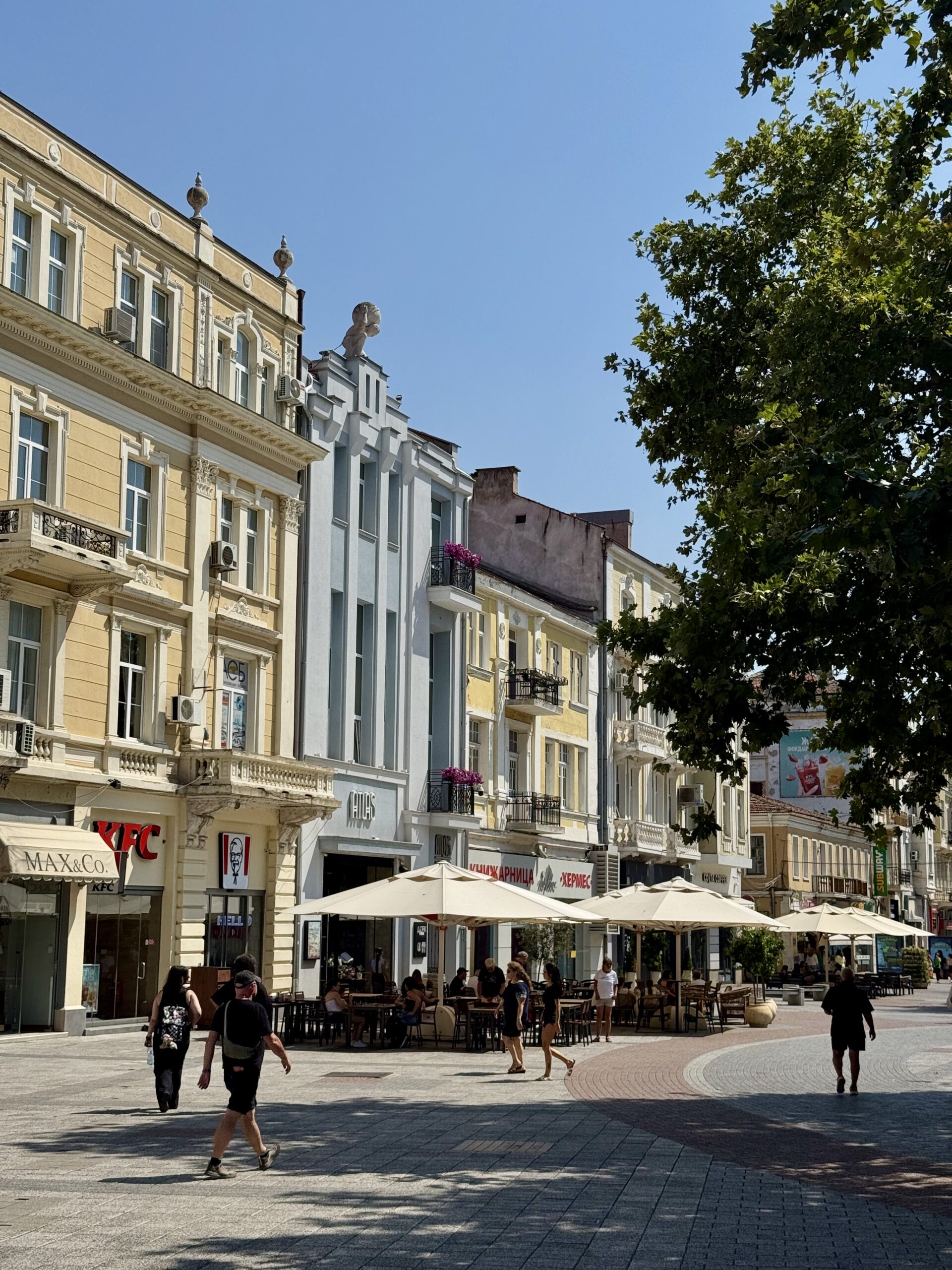 The diverse buildings of the Knyaz Alexander pedestrian street.