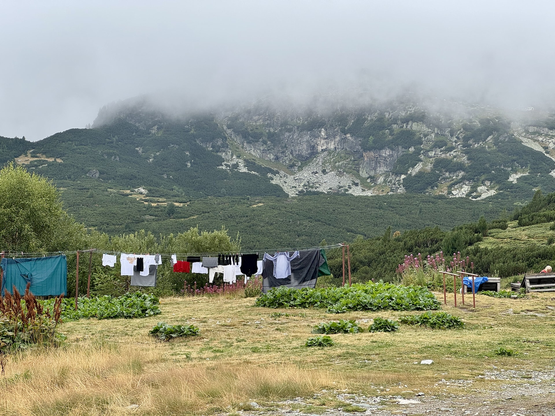 Seven Rila Lakes, Bulgaria Campers dry their clothes at the camp at the starting point of the loop trail.