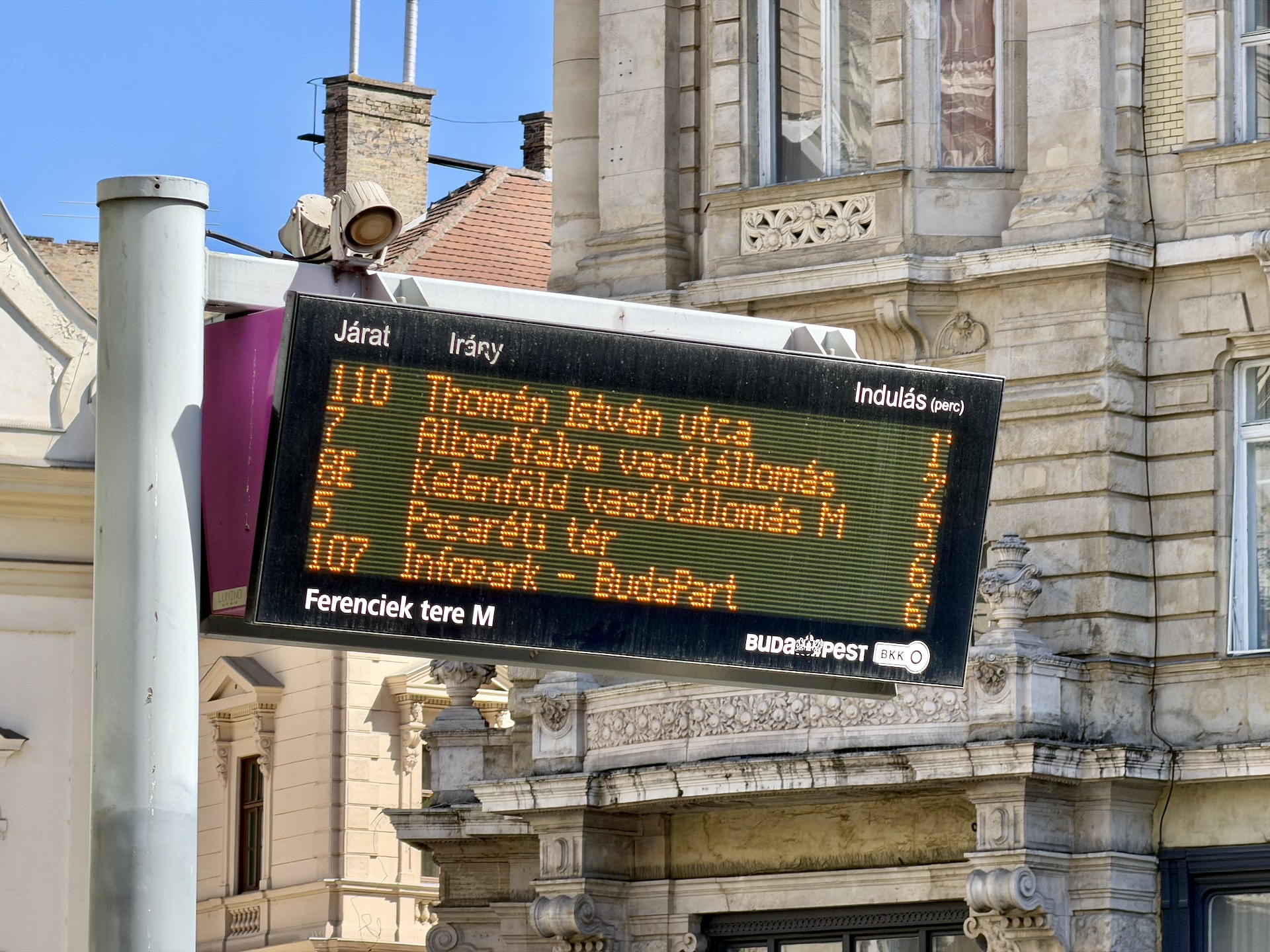 A BKK FUTÁR display board: these show upcoming services at stops.