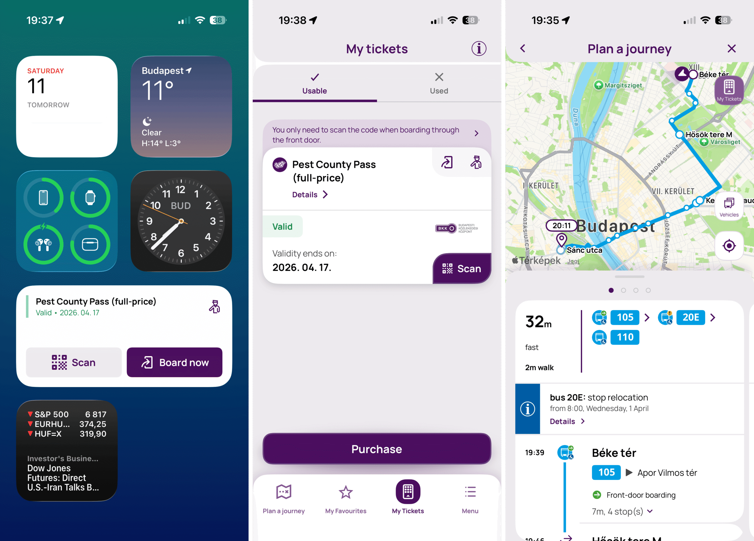 BudapestGO app: The quick-access widget, a pass inside the app, and journey planning.