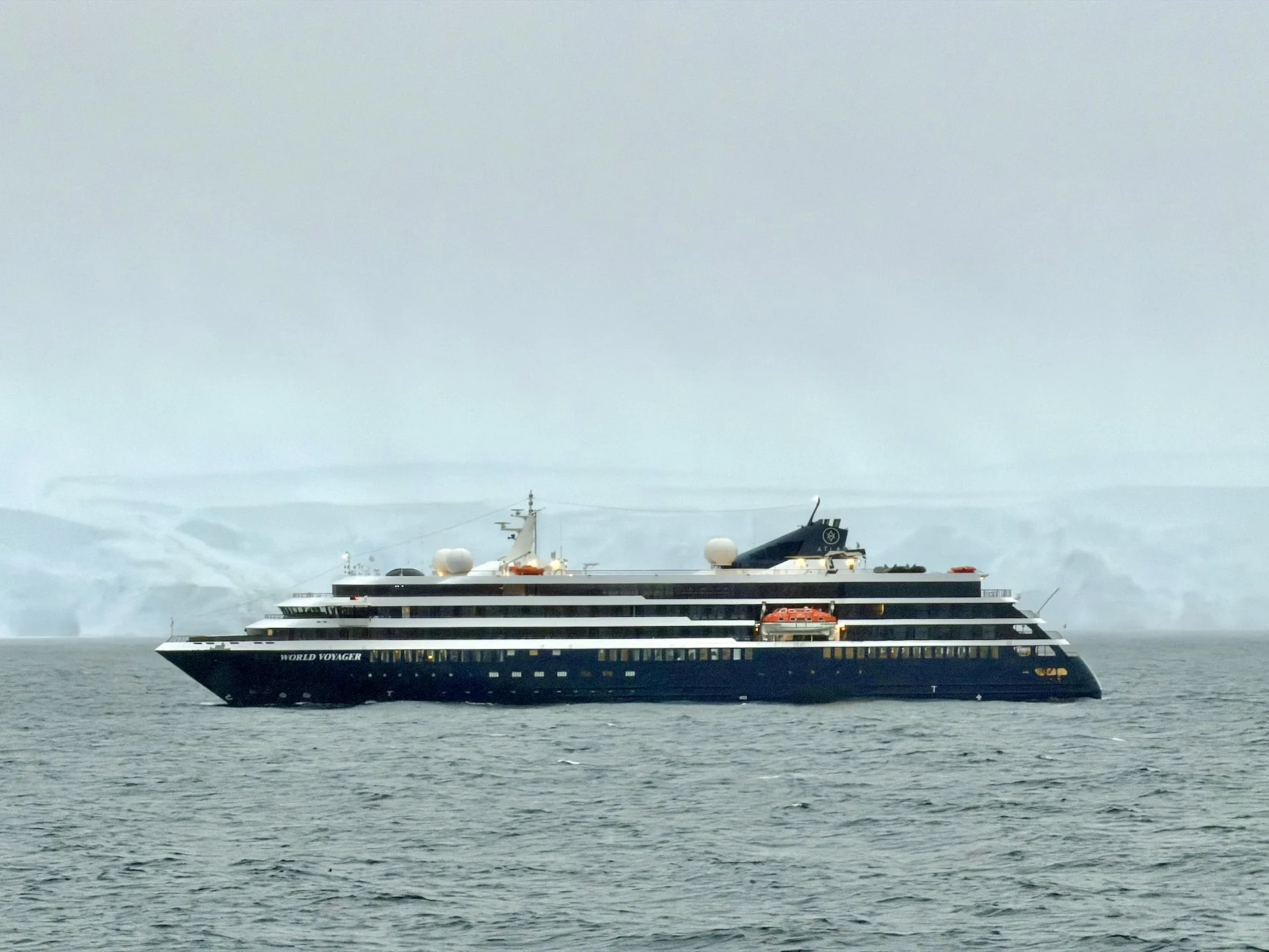 he World Voyager was one of the ships we crossed paths with in Antarctica. It's a bigger vessel – roughly twice the size of ours.