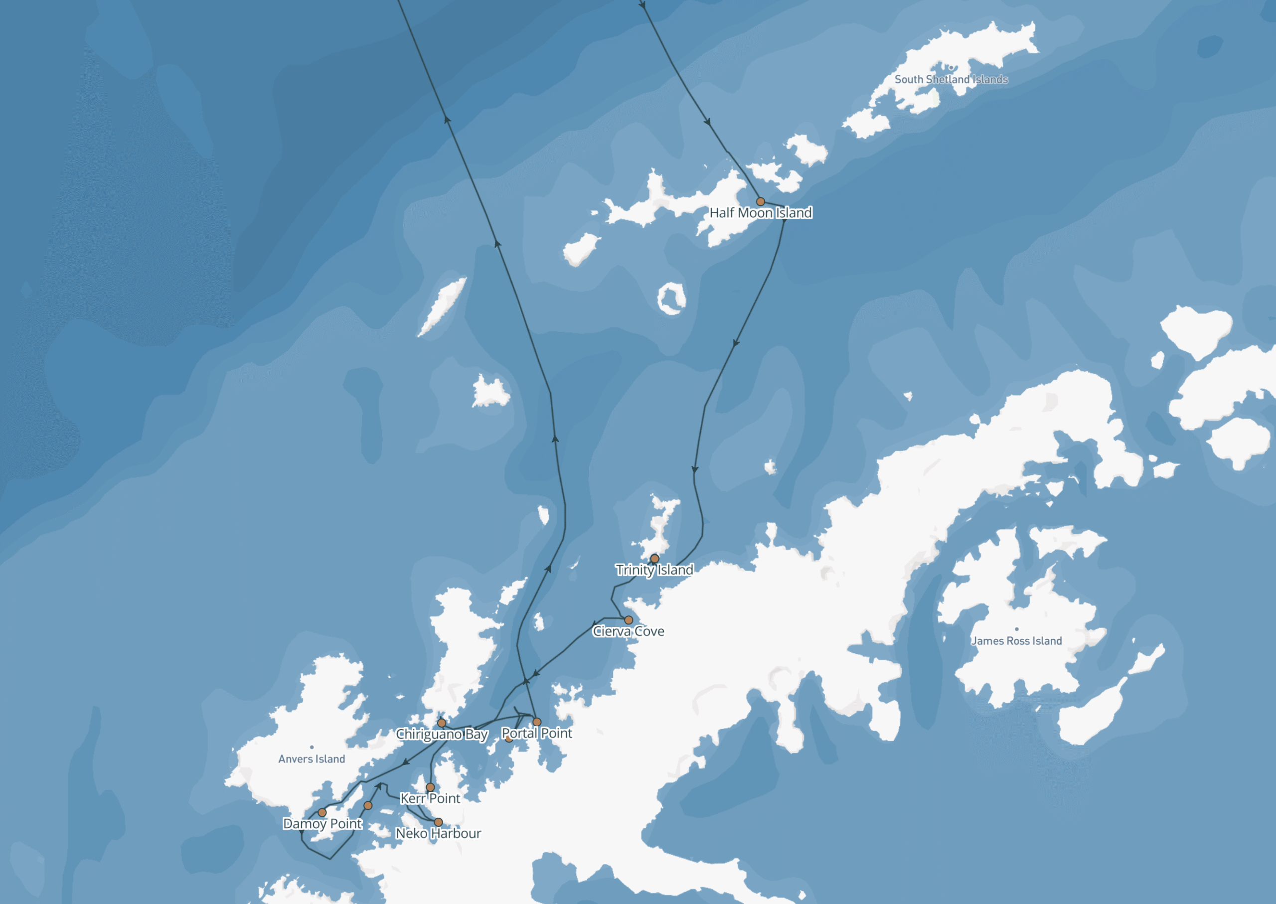 Map of our 10-day classic Antarctica expedition cruise route from Ushuaia across the Drake Passage to the Antarctic Peninsula and back