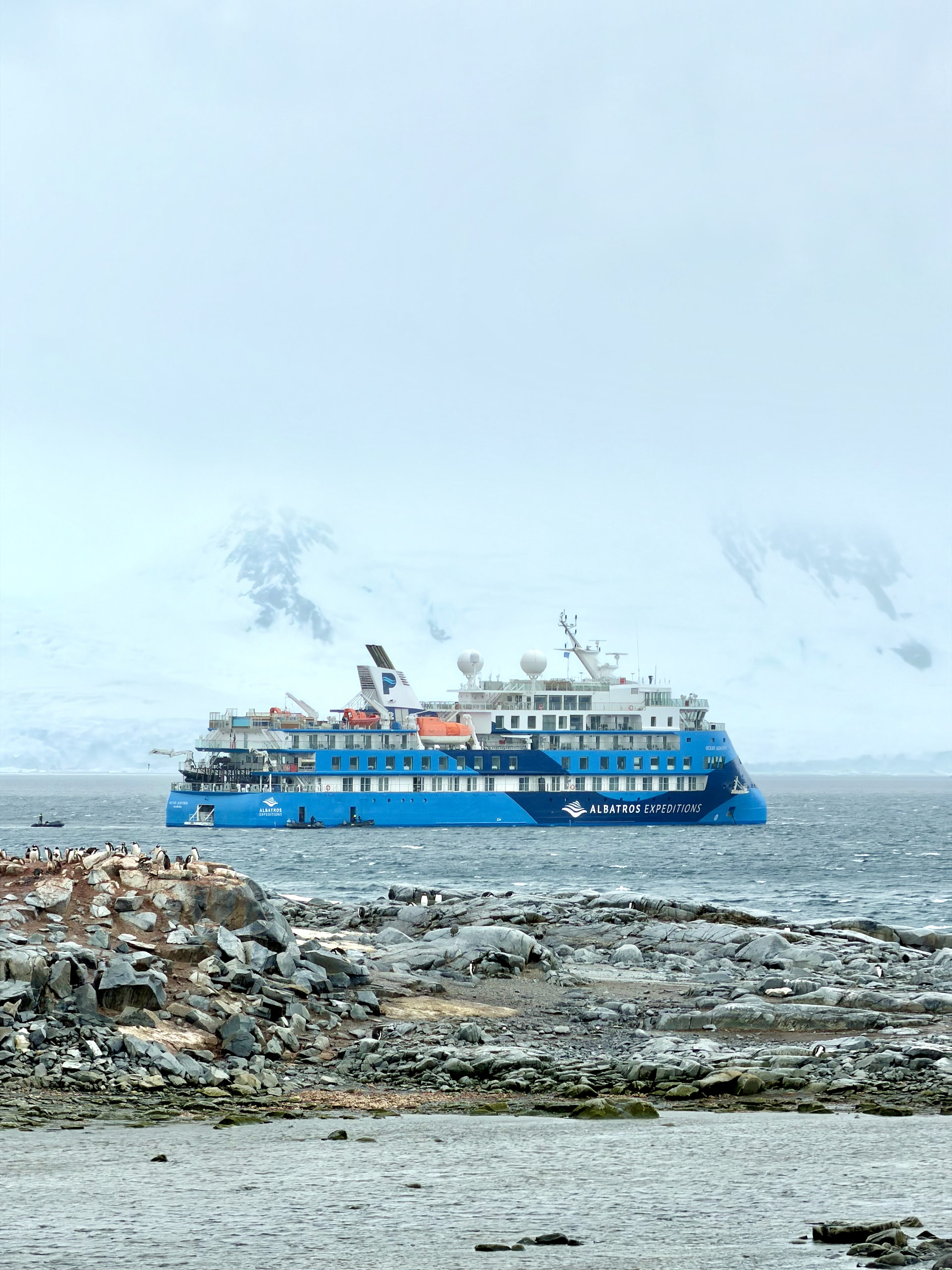 It's far away, but you can spot the two Zodiac boarding platforms on the ship's starboard side