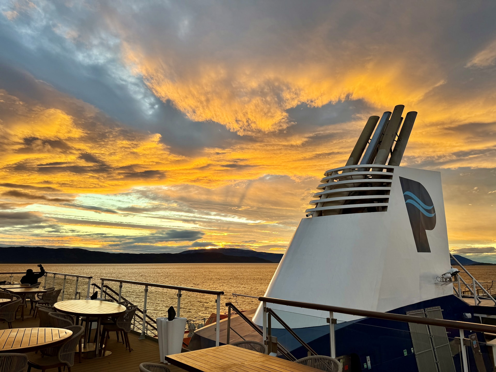 Sunset shortly after departure, cruising through the Beagle Channel