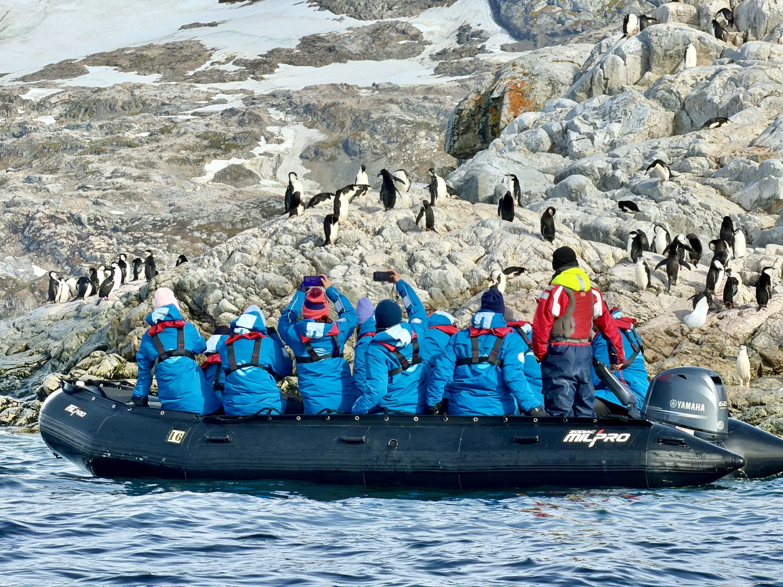 People in a Zodiac cruising near the shores of Antarctica with penguins