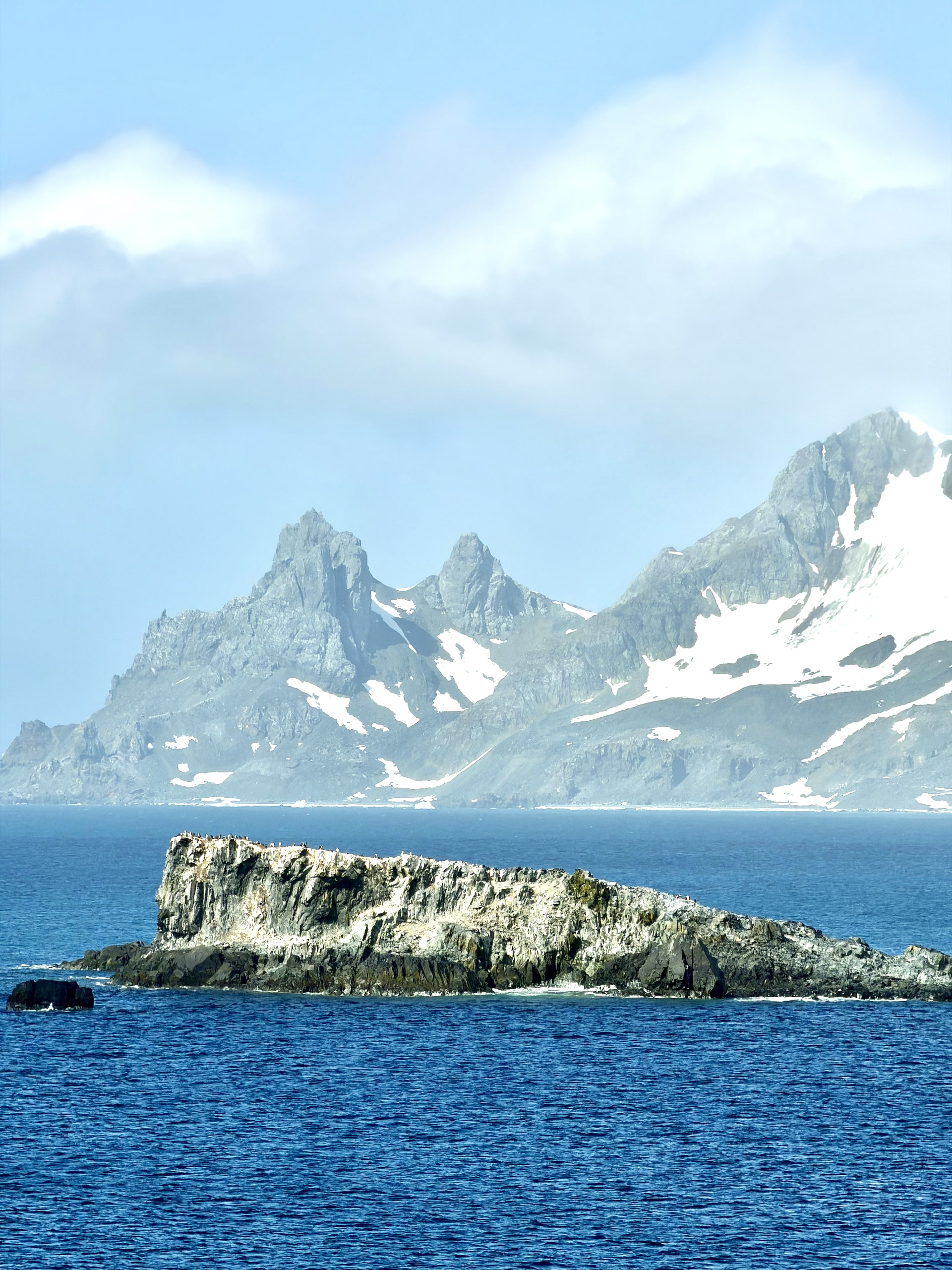 First sight of the South Shetland Islands from the ship Rocky island with snow-capped mountains in the South Shetland Islands, a small penguin colony visible on the clifftop.