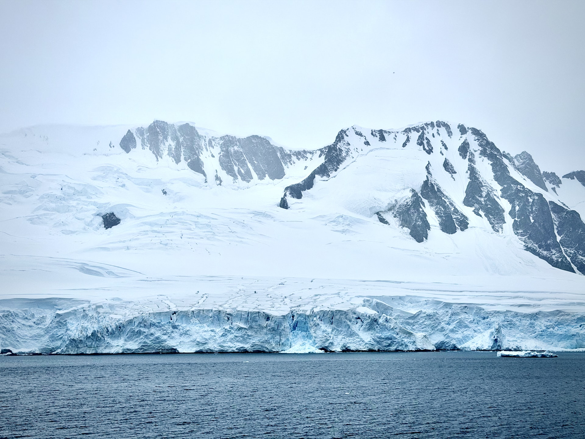 Snow-capped mountains rising on one side of the Neumayer Channel in the Palmer Archipelago, Antarctica