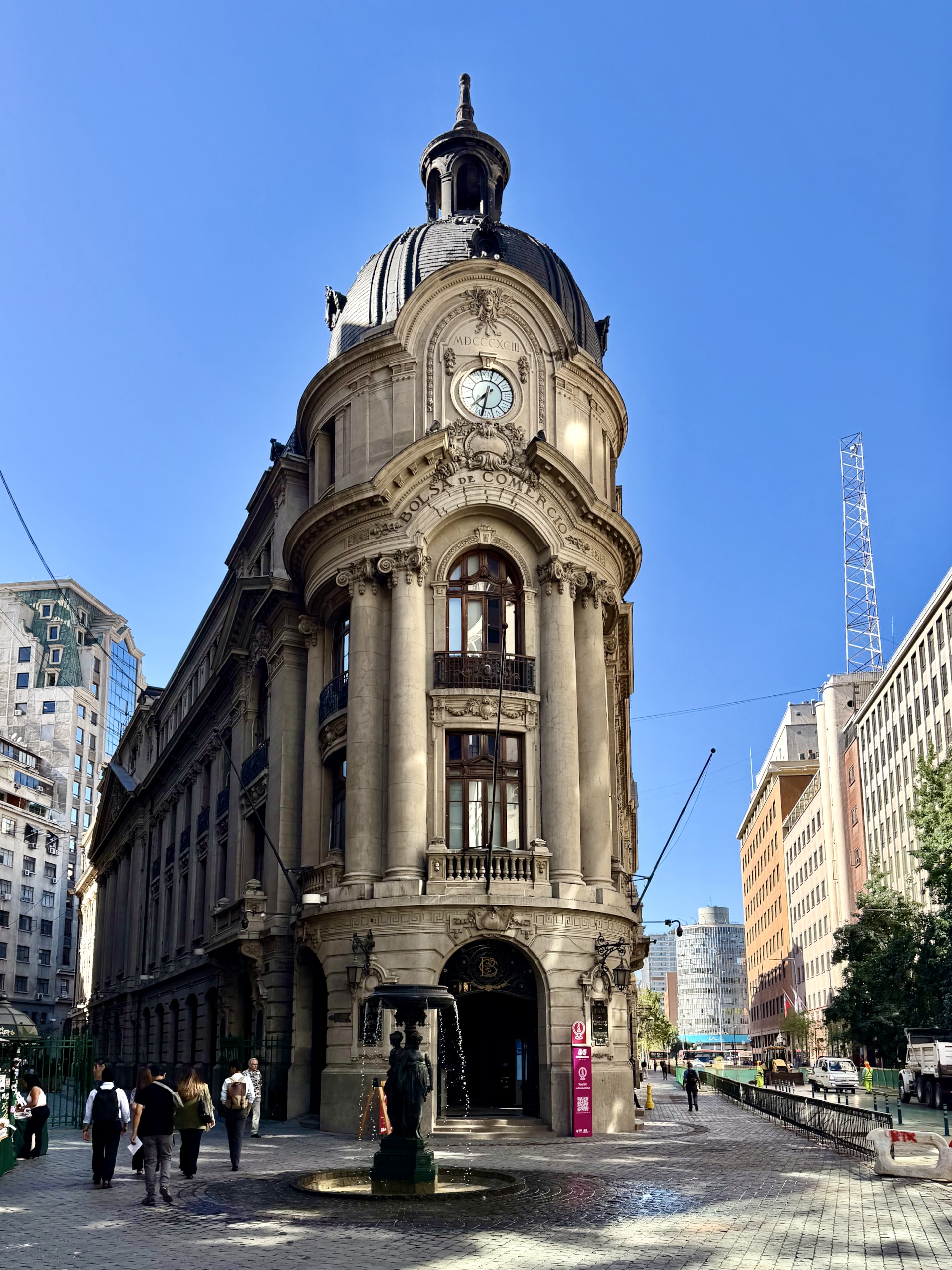 Bolsa de Comercio de Santiago historic building Chile Bolsa de Comercio de Santiago neoclassical building with clock tower dated 1893, Santiago, Chile