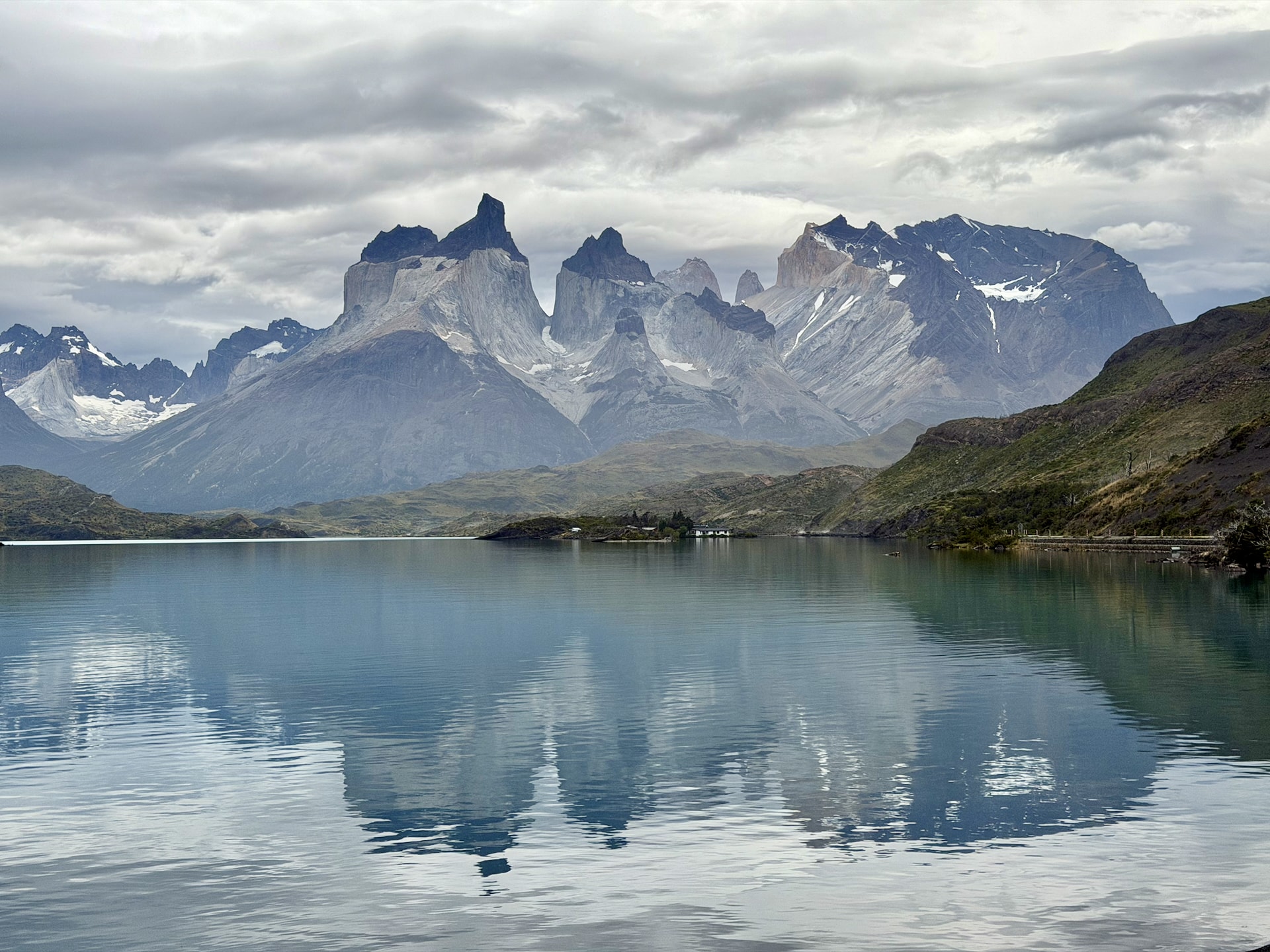 Cuernos del Paine reflected in Lago Pehoé Torres del Paine National Park Chile Cuernos del Paine granite towers reflected in Lago Pehoé, Torres del Paine National Park, Chile