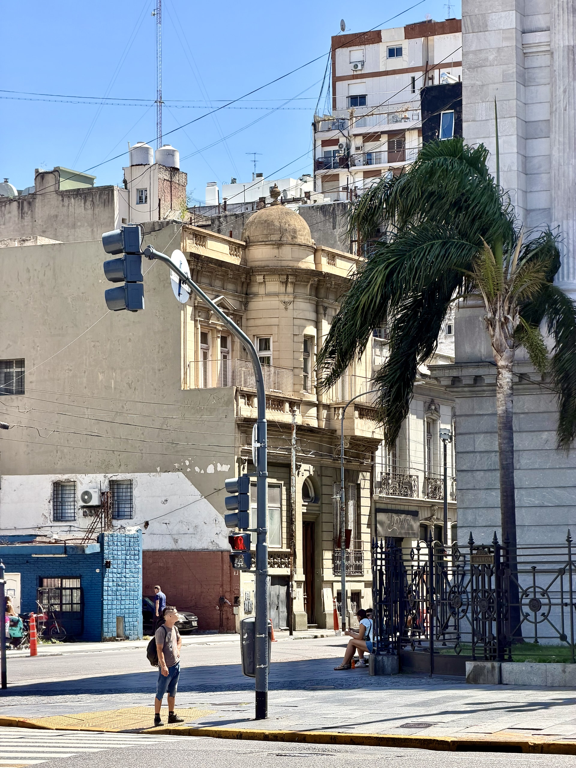 Historic street scene Buenos Aires Argentina Eclectic Beaux-Arts corner building and palm tree on a sunny street in Buenos Aires, Argentina