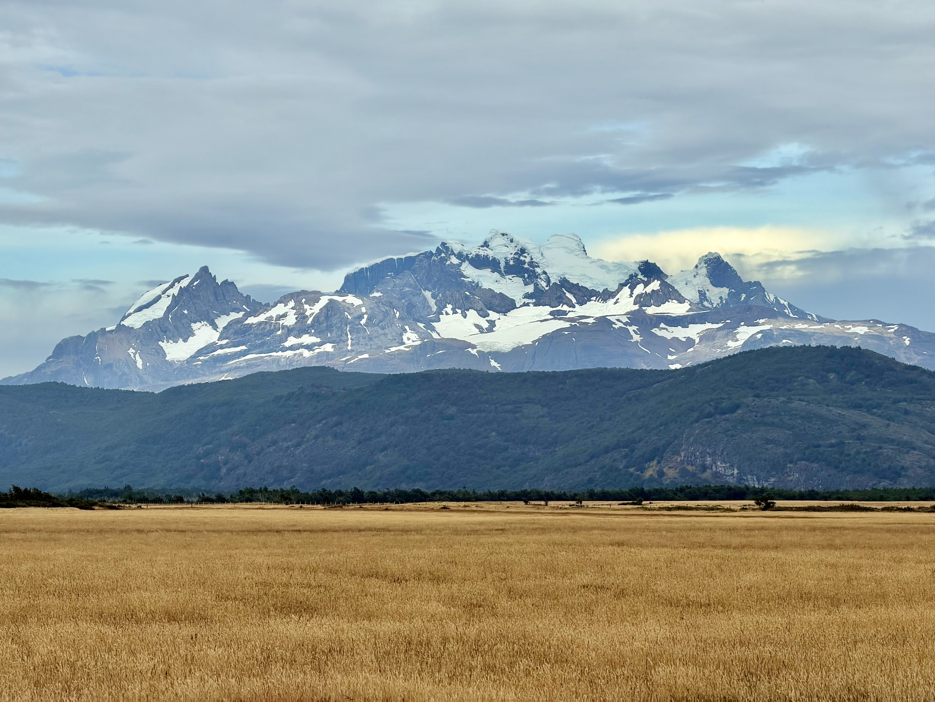 Snow-capped mountains above golden steppe Chilean Patagonia Golden Patagonian steppe below massive snow-capped mountains with glaciers on the Chilean side of Patagonia