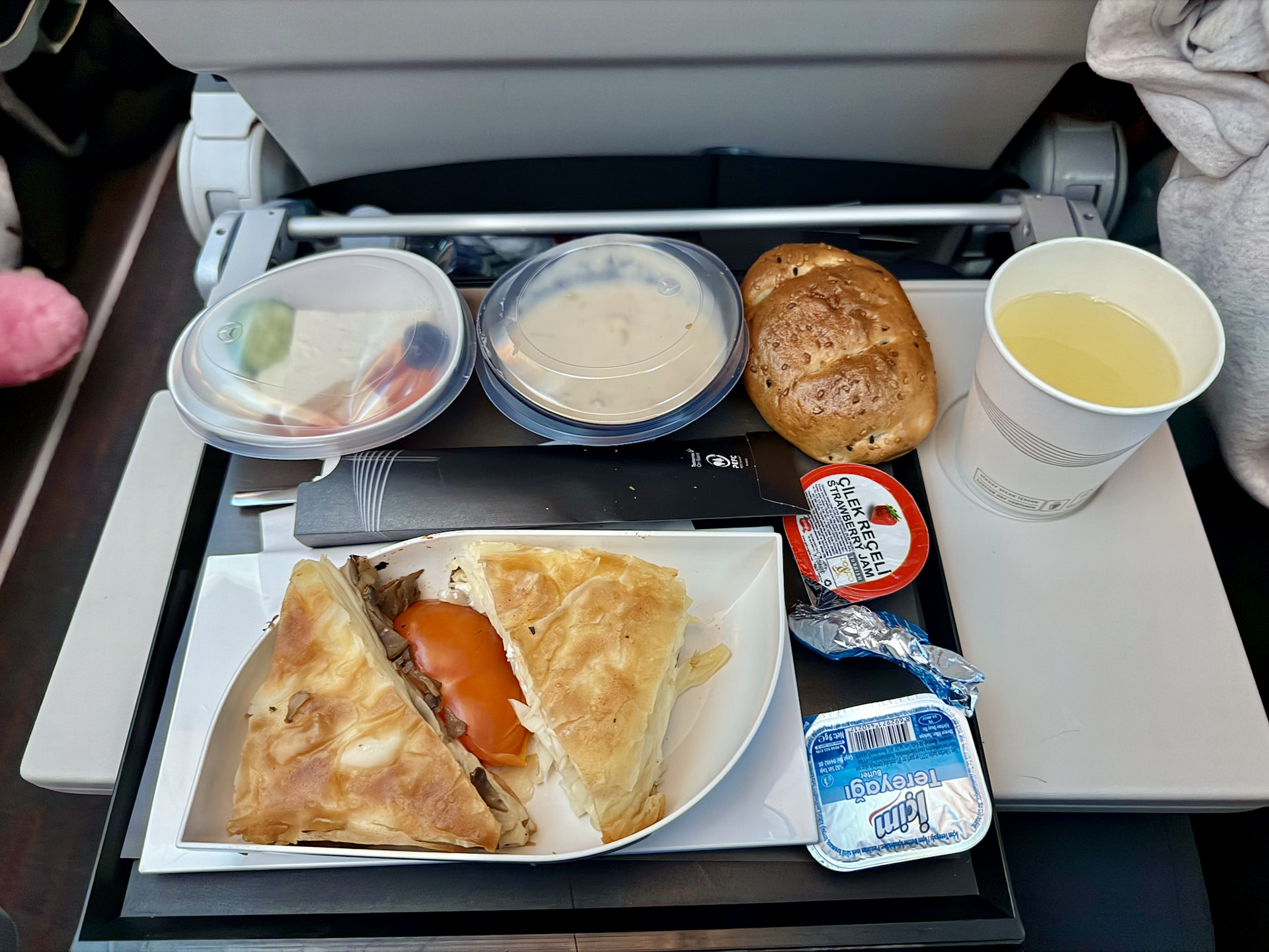 Turkish Airlines in-flight meal borek Istanbul Buenos Aires route Turkish Airlines in-flight meal with börek, bread roll, pudding and juice on the Istanbul to Buenos Aires route