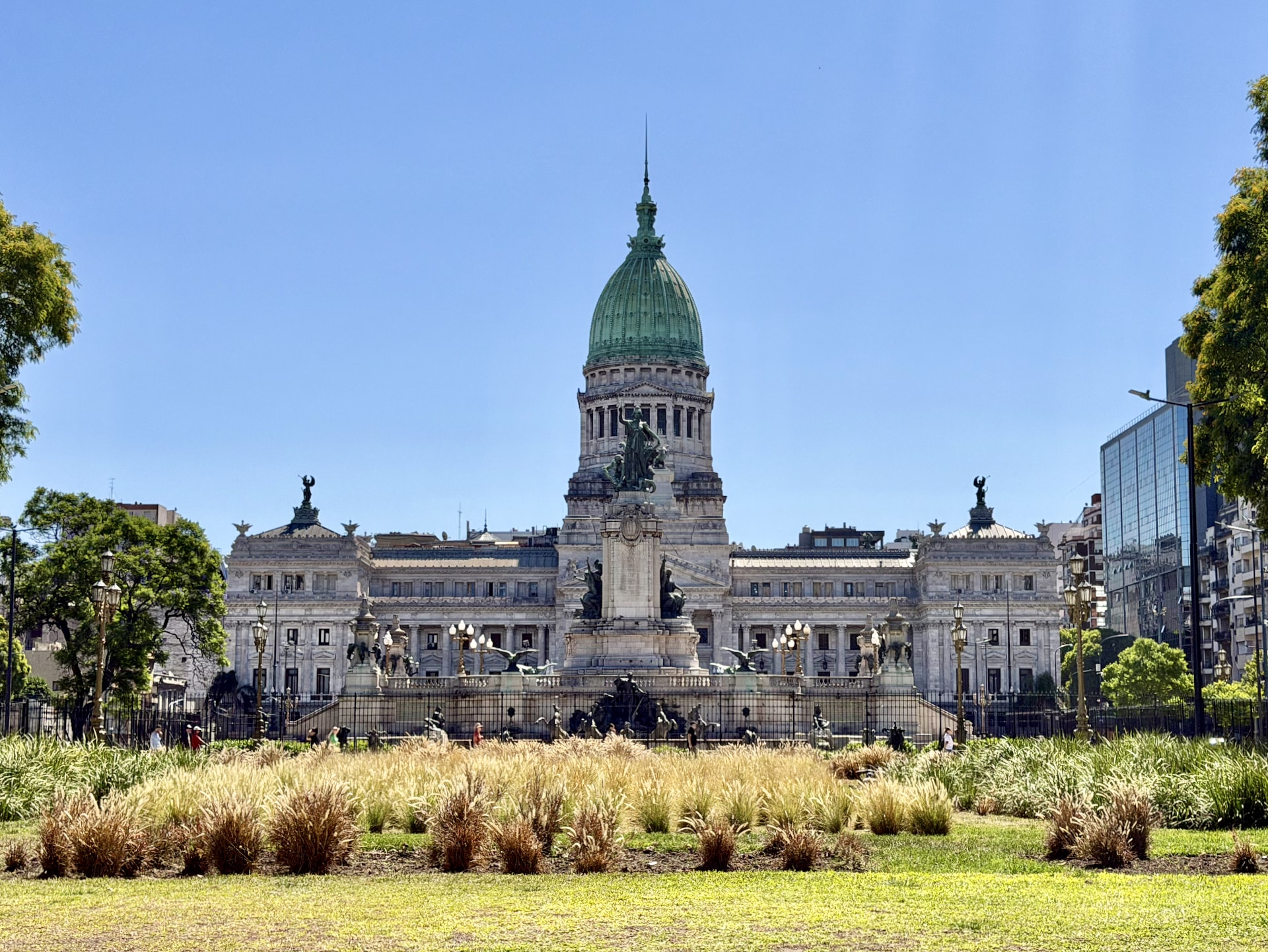 The domed Palacio del Congreso, seat of the Argentine National Congress, seen from Plaza del Congreso.