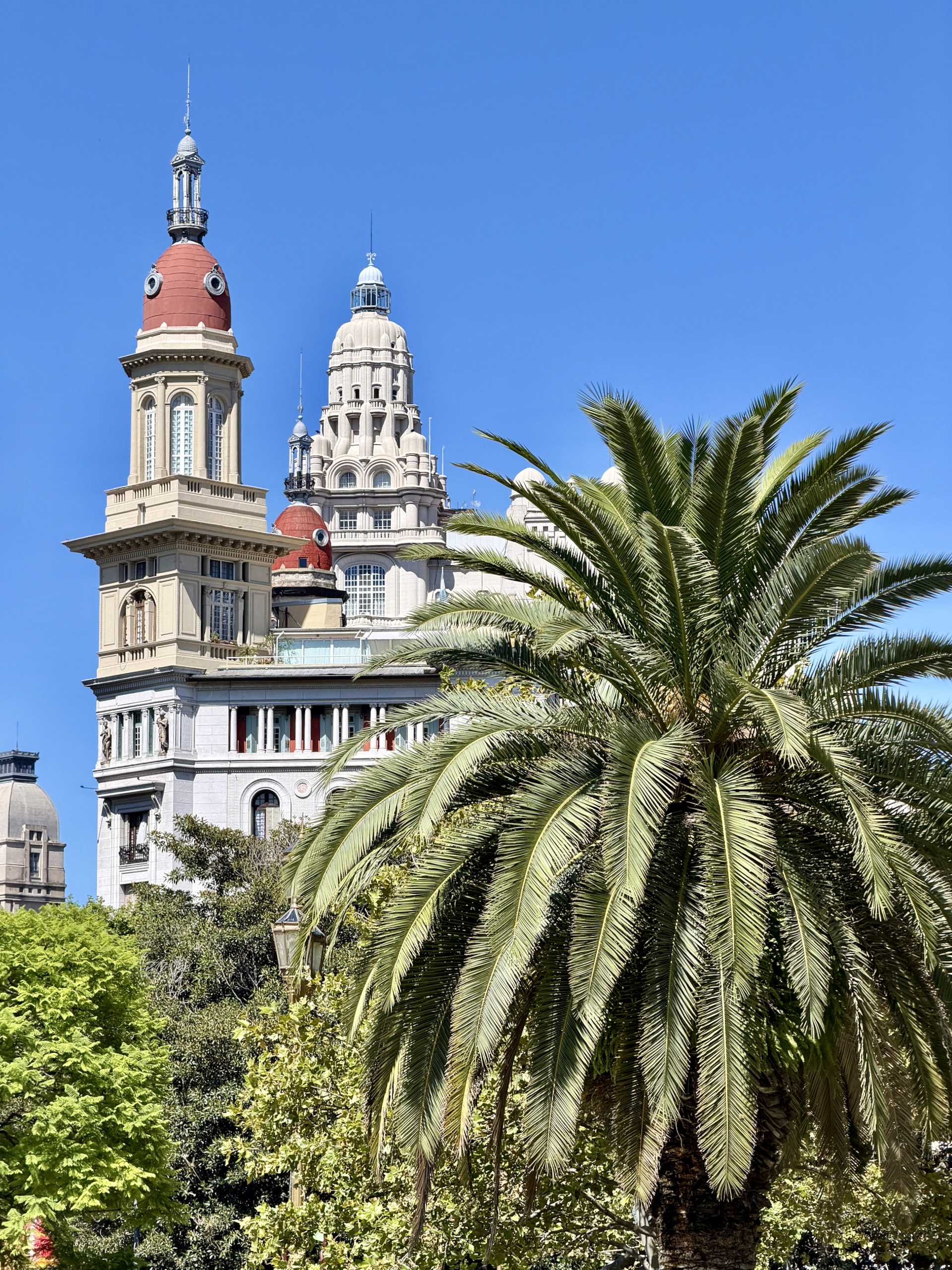 Ornate Beaux-Arts buildings with domed towers near Plaza del Congreso, framed by a palm tree.