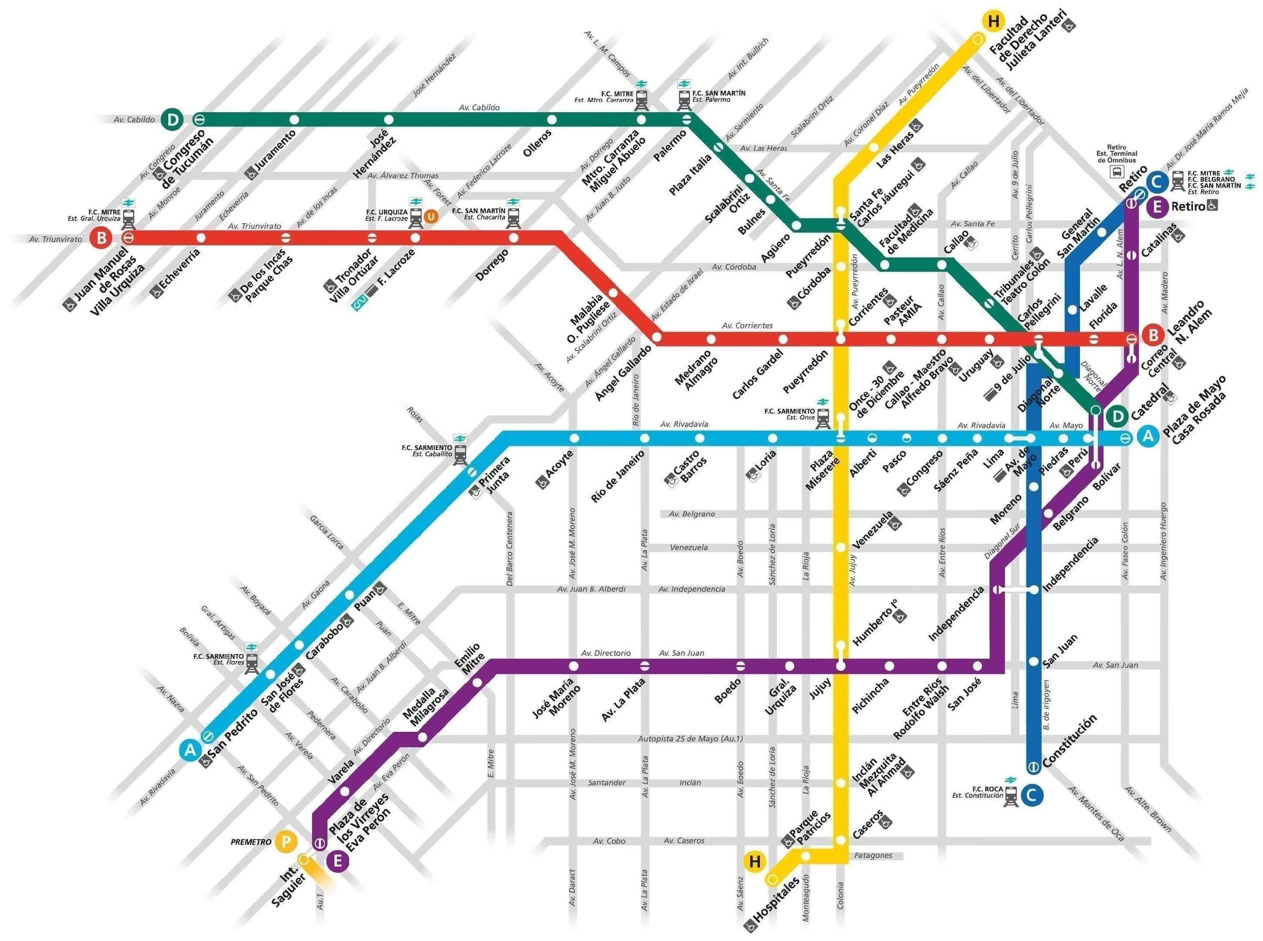 A map of the Buenos Aires Subte network showing the six color-coded metro lines across the city.