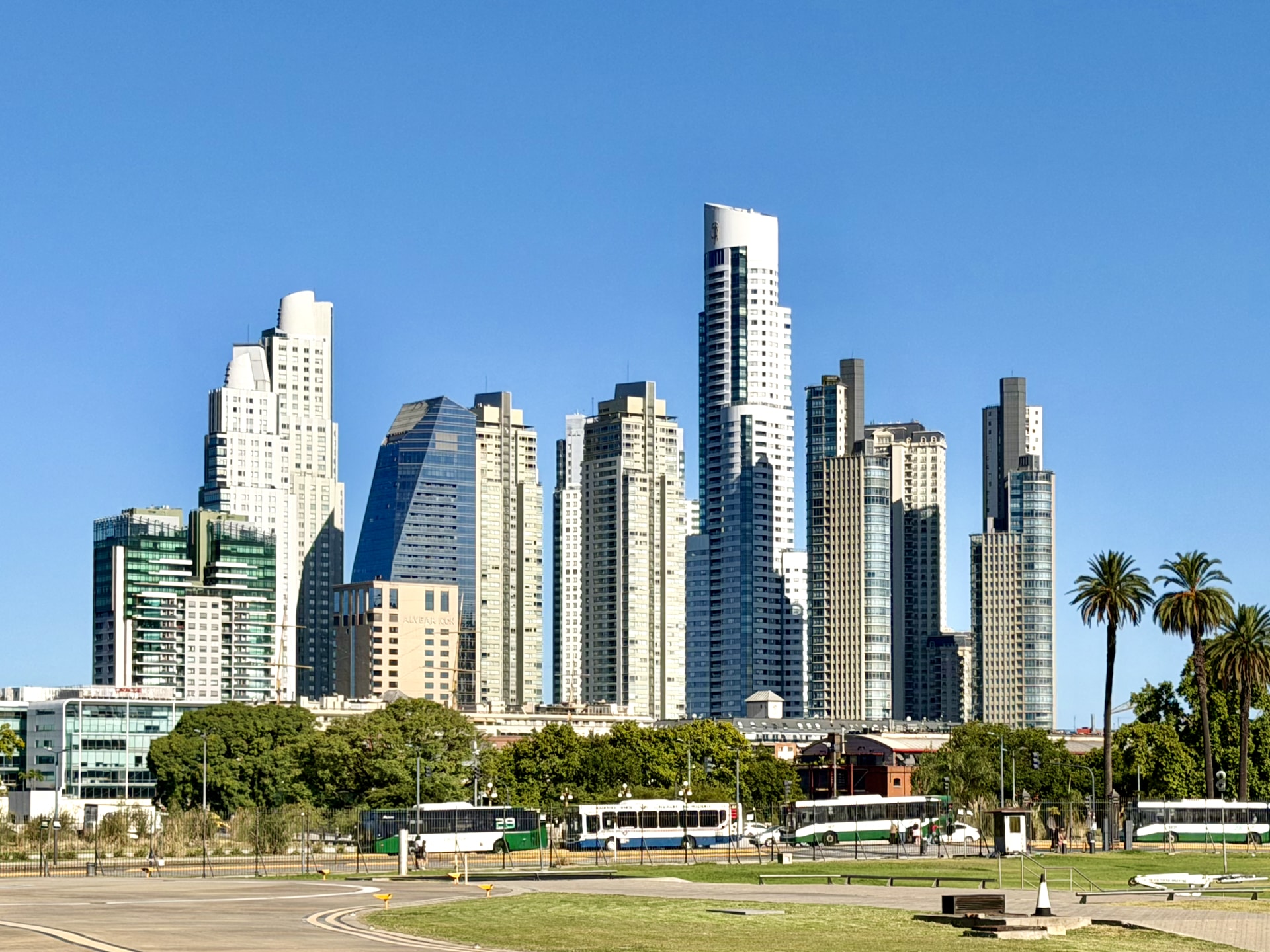 The modern high-rise skyline of Puerto Madero rising above palm trees and parkland in Buenos Aires.