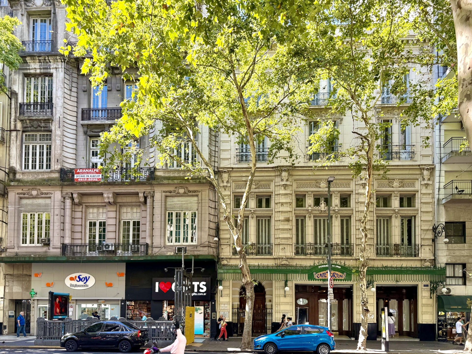 Café Tortoni on Avenida de Mayo, Buenos Aires The Café Tortoni's green awning on Avenida de Mayo, tucked between rows of ornate historic facades.