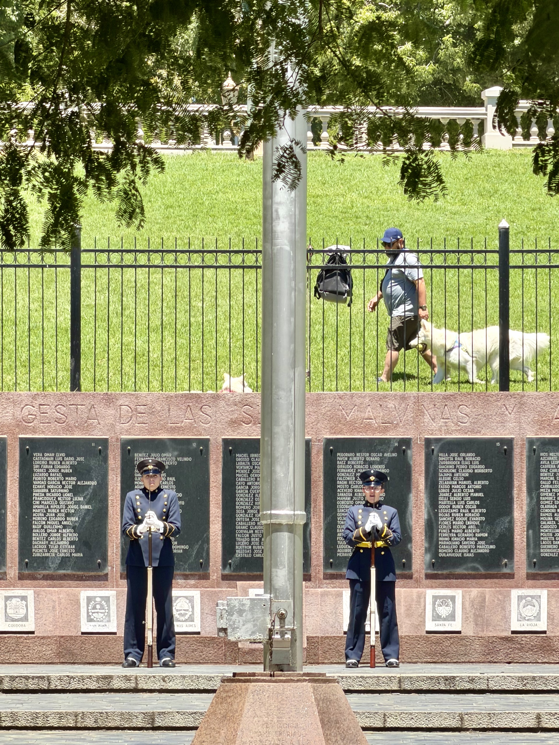 The Malvinas (Falklands) War memorial in Buenos Aires Honor guards standing before the Malvinas War memorial wall in Buenos Aires, engraved with soldiers' names.