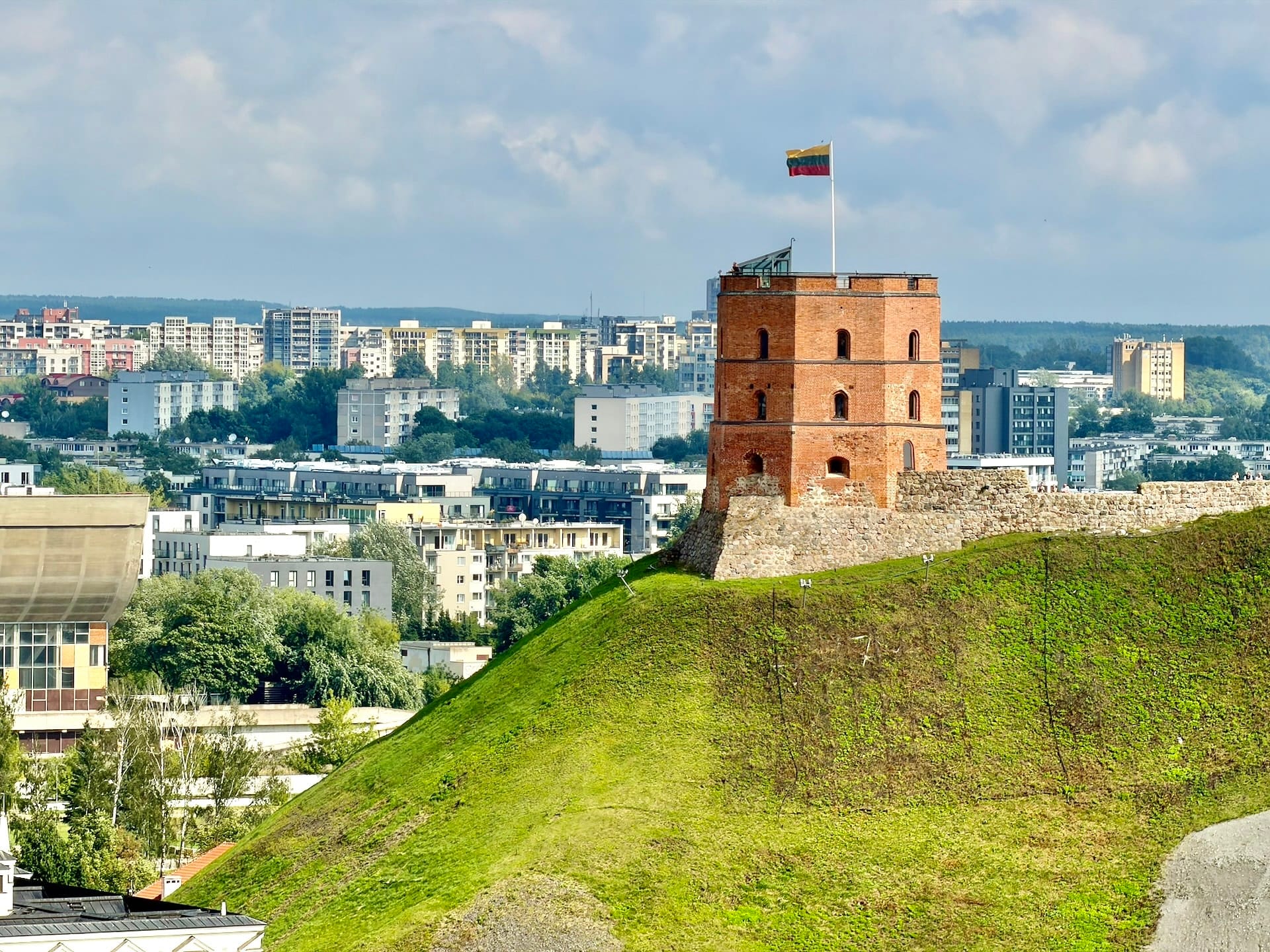 Gediminas Tower on Gediminas Hill in Vilnius Gediminas Tower, the red brick keep of the Upper Castle, on Gediminas Hill above the rooftops of Vilnius.