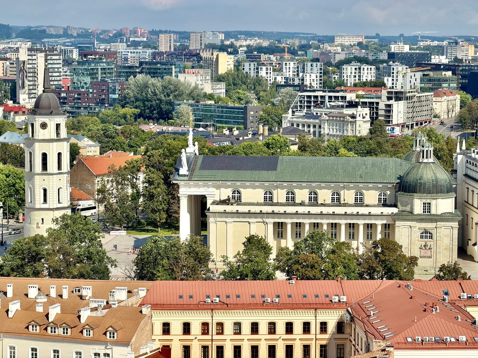 View from the bell tower of St John's Church in Vilnius View over Vilnius from the bell tower of St John's Church, the cathedral and its bell tower below.