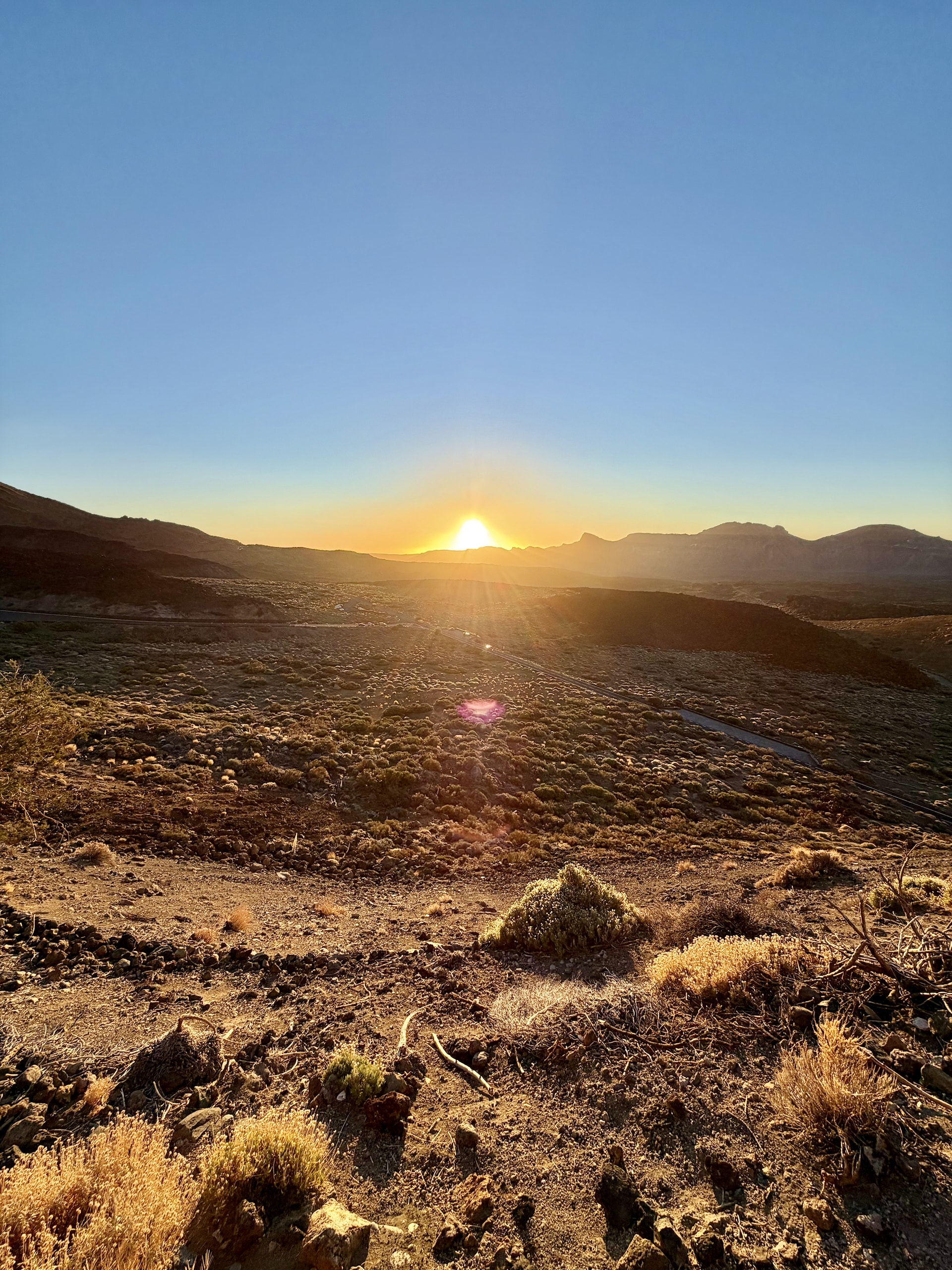 The sun rising over the rim of the Las Cañadas caldera, lighting up the desert scrub and volcanic ground in Teide National Park