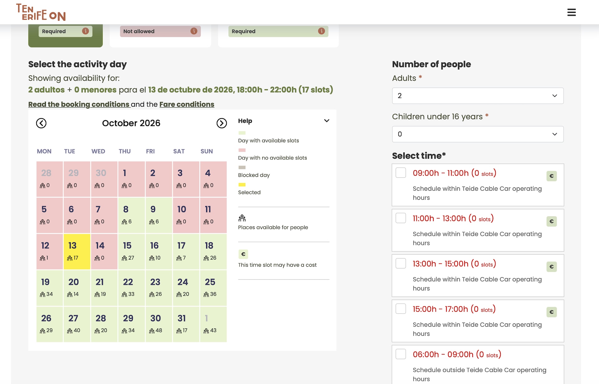 Screenshot of the Tenerife ON booking calendar for October 13, 2026, showing no free Teide permit slots during cable car hours and 17 places in the 18:00 to 22:00 slot